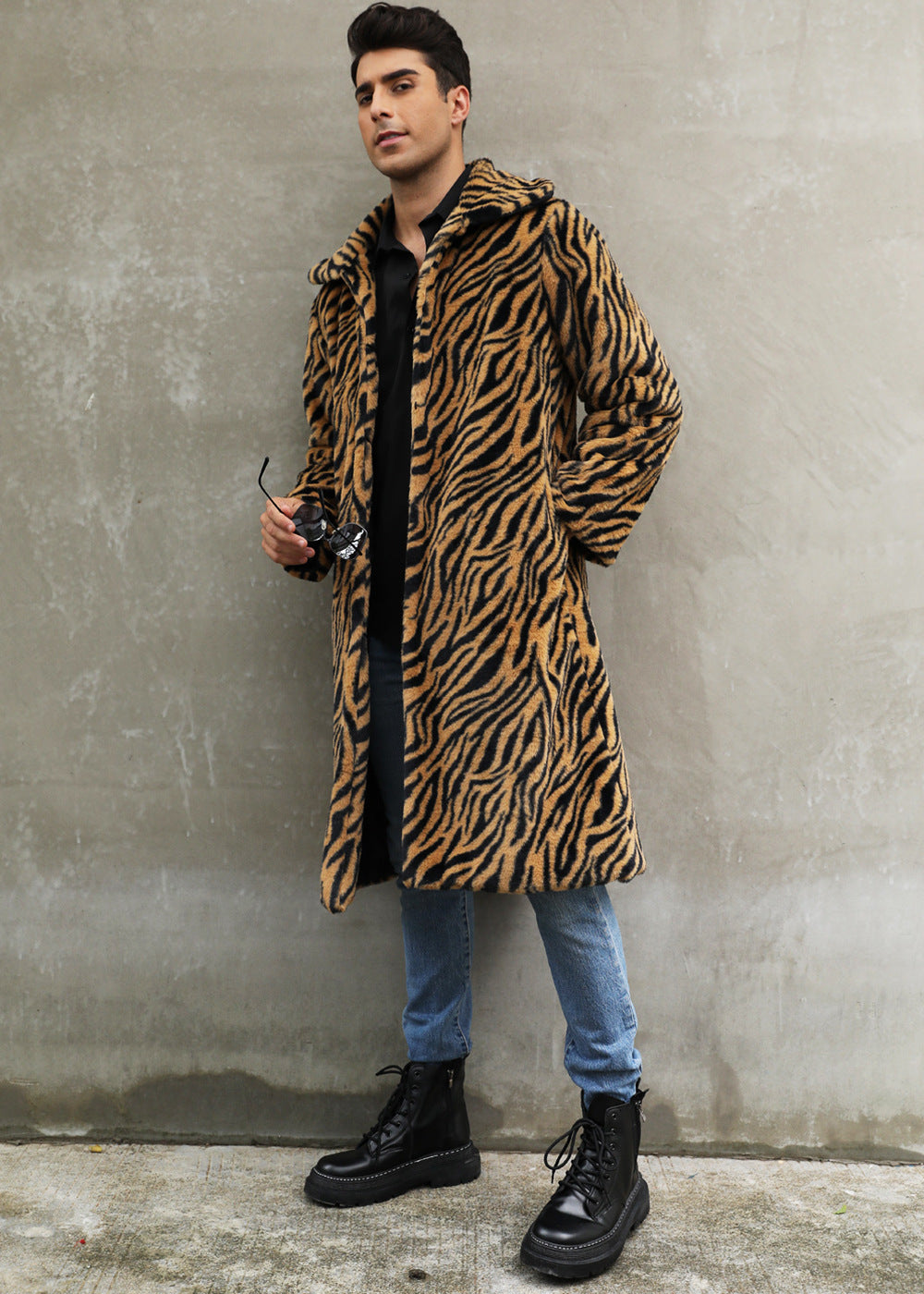 Men's Square Collar Imitation Fur Long Overcoat