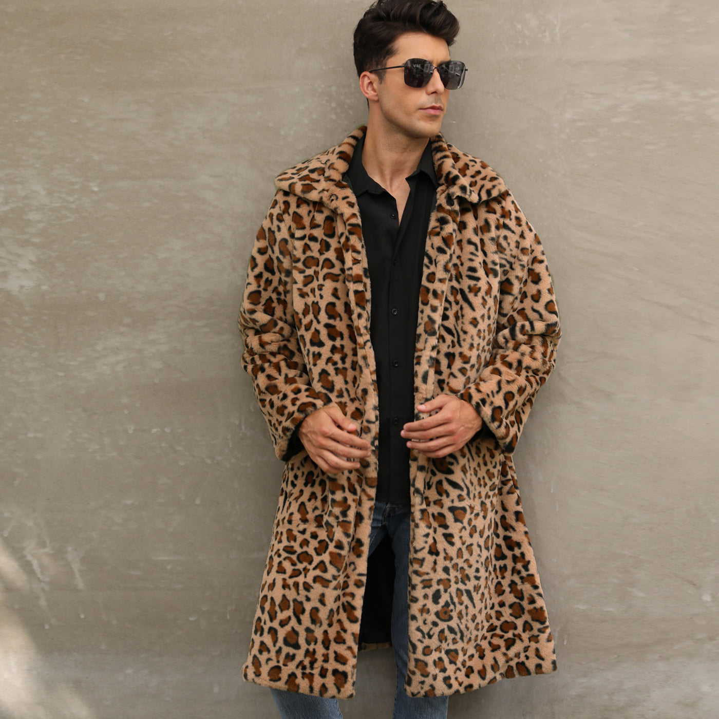 Men's Square Collar Imitation Fur Long Overcoat