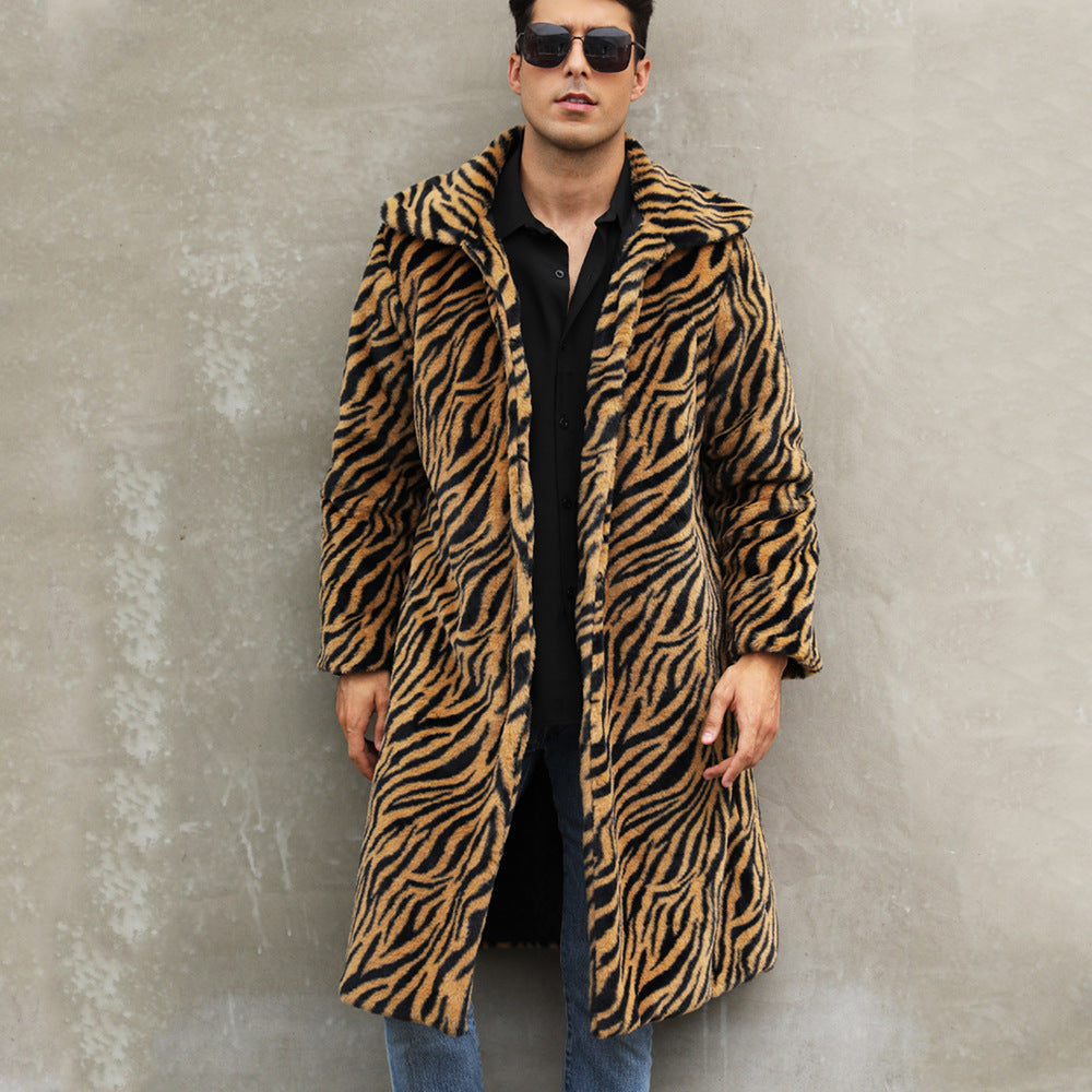 Men's Square Collar Imitation Fur Long Overcoat