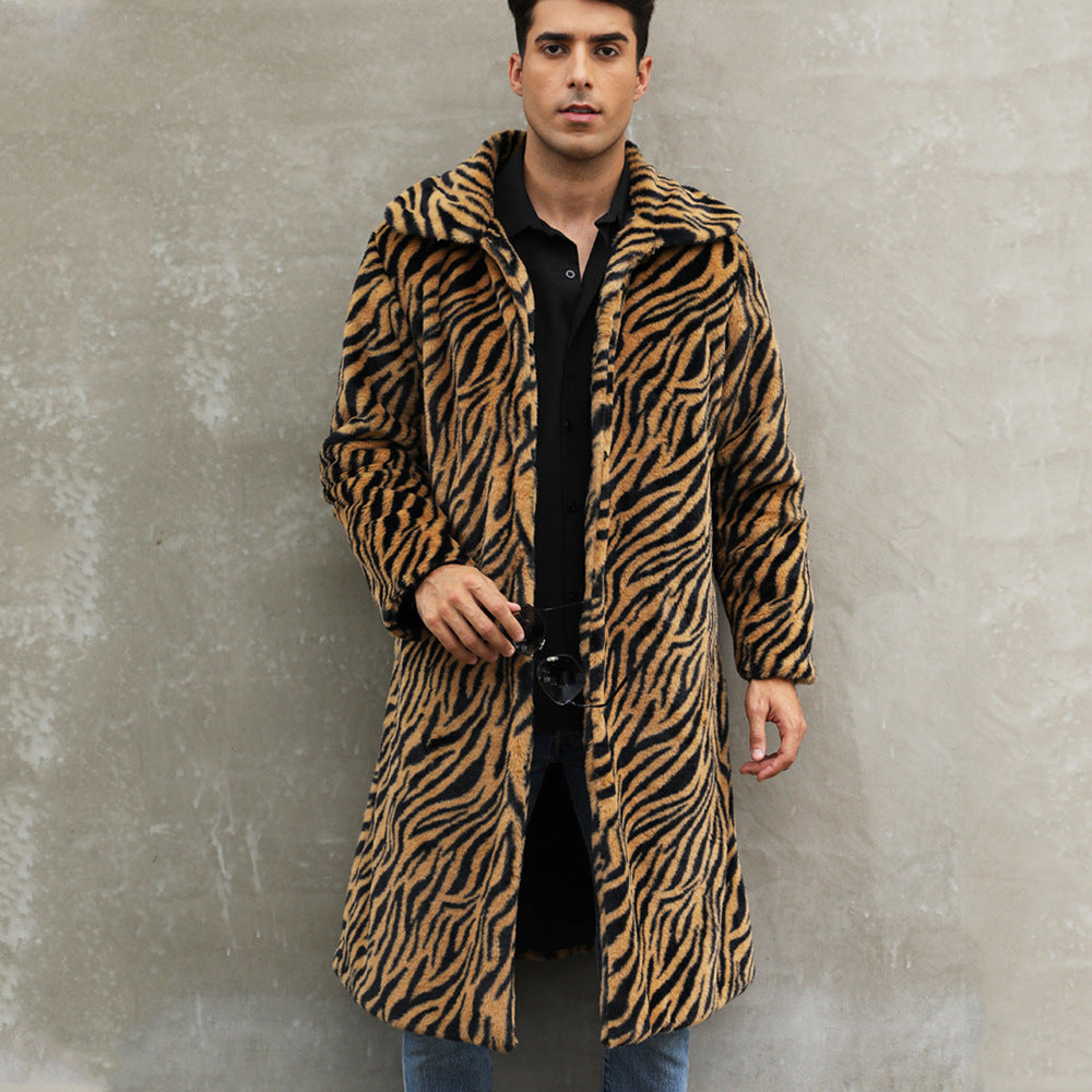 Men's Square Collar Imitation Fur Long Overcoat