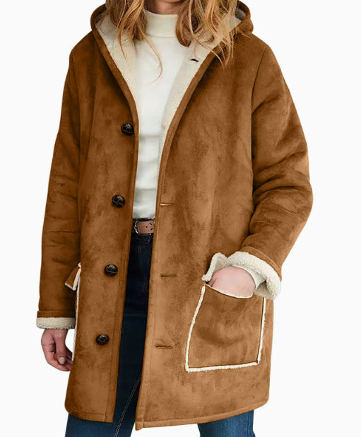 Retro Suede Hooded Woman Coat