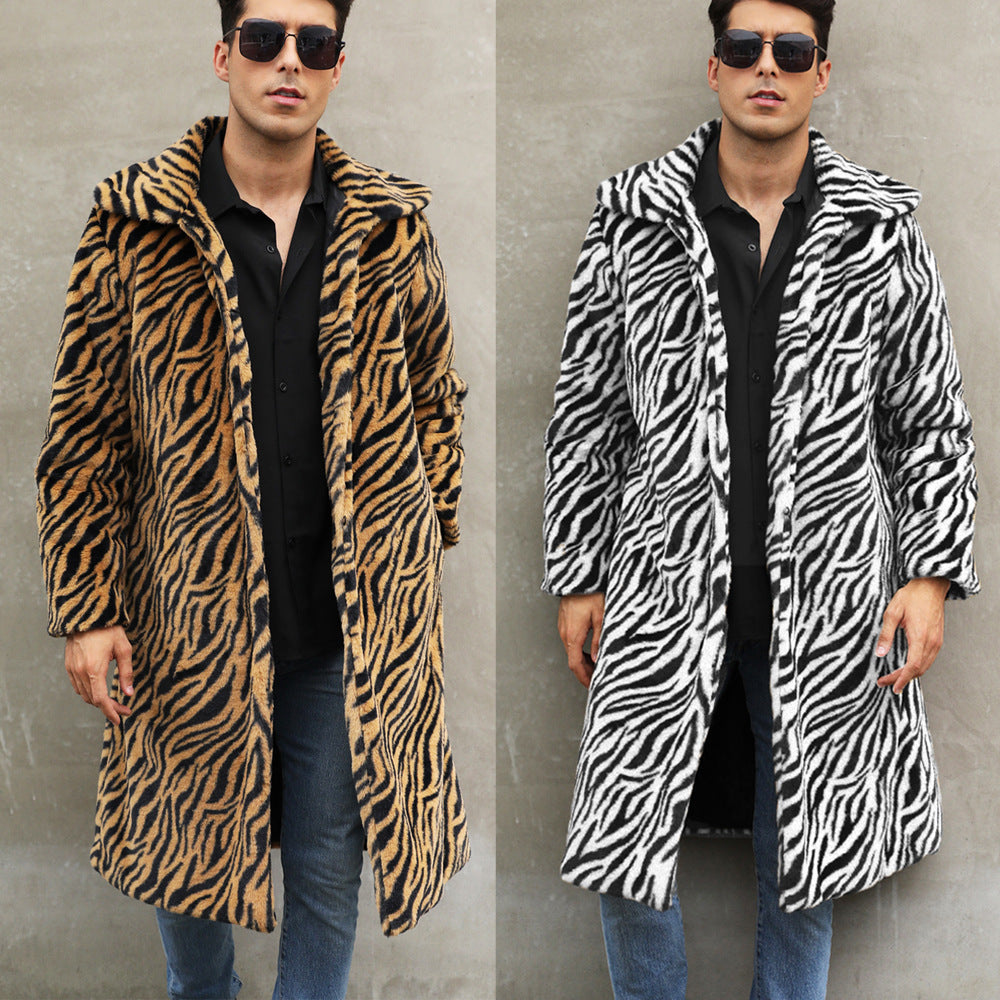 Men's Square Collar Imitation Fur Long Overcoat