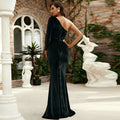 Long Sleeve Diagonal Collar Velvet Evening Dress