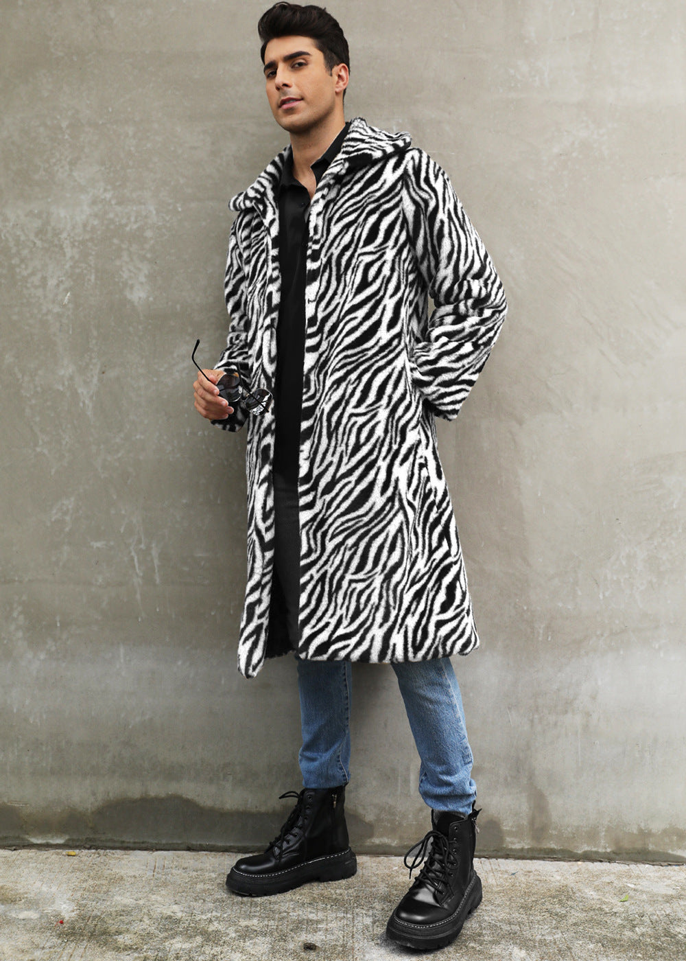 Men's Square Collar Imitation Fur Long Overcoat