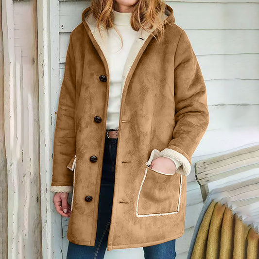 Retro Suede Hooded Woman Coat